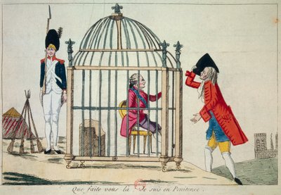 Revolución Francesa: "¿Qué haces, estoy en penitencia" Rey Luis XVI (1754-1793) representado en una jaula en la víspera de su huida a Varennes en junio de 1791. Grabado satírico París, Biblioteca del Arsenal de French School