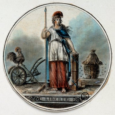 Revolución Francesa: alegoría de la Libertad como una mujer cerca de una colmena y un gallo. Finales del siglo XVIII París, B.N. de French School