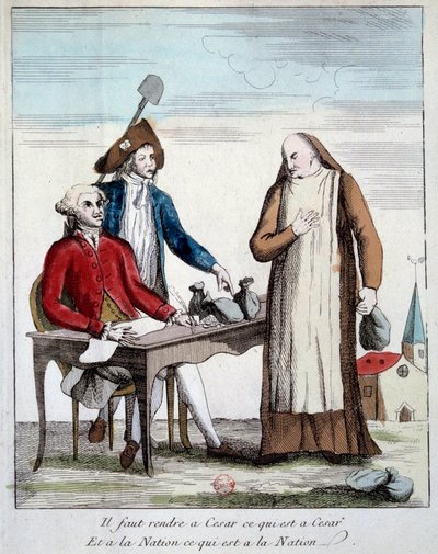 Revolución Francesa: representación caricaturesca de un miembro del clero obligado a devolver la propiedad de la iglesia. "Debemos devolver a César lo que es de César y a la Nación lo que es de la Nación" Grabado de 1790 París, Biblioteca del Arsenal de French School