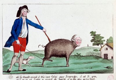 Revolución Francesa: caricatura que representa a un revolucionario trayendo a Luis XVI de vuelta en forma de cerdo de la marcha y sin saber qué hacer con él. 1792. Anónimo grabado coloreado, París, Museo Carnavalet de French School