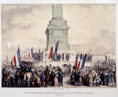 Revolución Francesa de 1848: proclamación de la Segunda República al pie de la columna de julio en la plaza de la Bastilla el 25/02/1848. Litografía del siglo XIX. París, Museo Carnavalet de French School