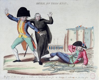 Revolución Francesa: el despertar del Tercer Estado. Caricatura sobre los tres órdenes. Se libera de sus cadenas bajo la mirada asustada del ejército y de los clérigos. Grabado francés de 1789. París, B.N. de French School