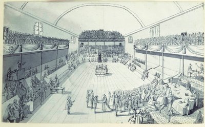 Revolución Francesa: el nacimiento de la Constitución en septiembre de 1791 redibujada por Guy Jean-Baptiste Target (1733-1807) en la sala del Jeu de Paume de Versalles donde los diputados habían prestado juramento el 20/06/1789. Dibujo anónimo hacia 1791. de French School