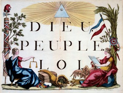 Revolución Francesa: el triángulo divino iluminando a Dios, el Pueblo y la Ley, las alegorías de Francia, Justicia, Abundancia y la república. Grabado de 1794. París, Biblioteca del Arsenal de French School