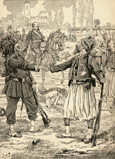 Soldados franceses y sardos se dan la mano para celebrar su victoria contra los austriacos tras la batalla de Palestro, Italia. de French School