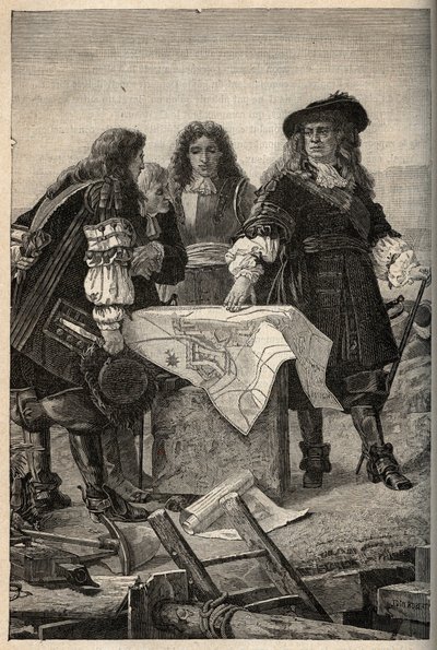 El arquitecto francés Vauban elabora los planos de las fortificaciones de Belfort (este de Francia) a petición de Luis XIV en 1687 - Sébastien Le Prestre de Vauban dando los planos de las fortificaciones de Belfort - grabado en “PATRIE” - DESCRIPTION PICTU de French School