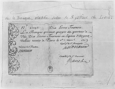 Billete francés de diez libras del Banco de la Ley, fechado el 1 de abril de 1719 de French School