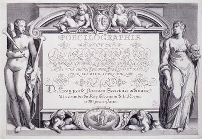 Caligrafía francesa: Poecilografía, frontispicio, por Baptiste de Beaugrand en 1606 de French School