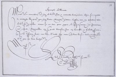 Caligrafía francesa: Tecnografía, “ejemplo de minuta” por Guillaume Le Gangneur alrededor de 1599. Biblioteca histórica de la ciudad de París de French School