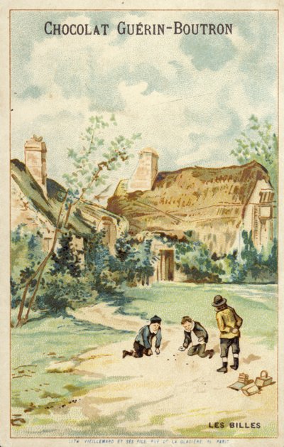 Niños franceses jugando a las canicas fuera de una cabaña de French School