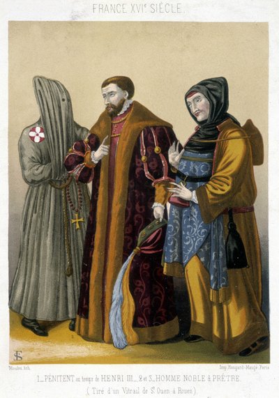Trajes franceses en el siglo XVI: A la izquierda, un penitente, en el centro un noble y a la derecha un sacerdote. Ilustración del siglo XIX de Saint Ouen en Rouen de French School