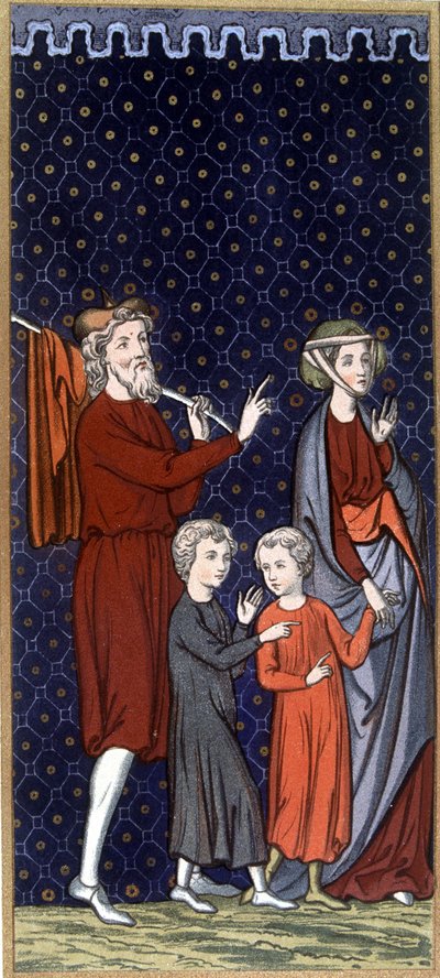 Familia francesa en el siglo XIV - en "Artes suntuarias del traje y el mobiliario", ed. Mangard-Maugé de French School
