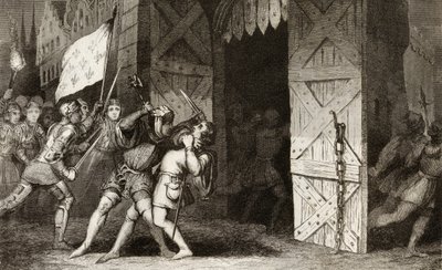 Caballeros franceses atacan una ciudad controlada por los ingleses durante la Guerra de los 100 Años, de 