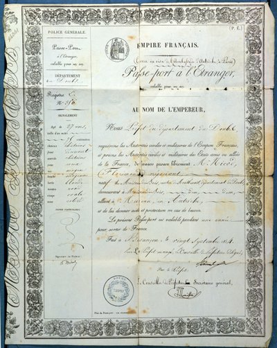 Pasaporte francés, de Besançon, 20 de septiembre de 1854 de French School