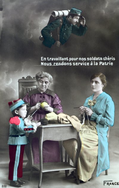 Postal patriótica francesa que representa el papel de las mujeres durante la Primera Guerra Mundial 1914-18, 1915 de French School
