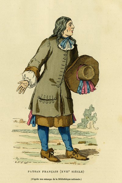 Traje de campesino francés en el siglo XVIII. Grabado en colores según una impresión de la biblioteca nacional, en “Francia y los franceses a través de los siglos” de Augustin Challamel, F.Roy editor, París 1882. Colección Selva. de French School
