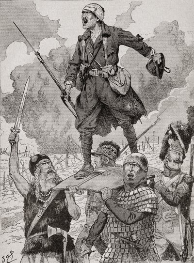 Cartel de propaganda francesa titulado "On Les Aura", o "Los tendremos". Cuatro soldados de diferentes periodos históricos llevan en un escudo a un soldado herido pero desafiante de la Primera Guerra Mundial. De la Agenda Buvard du Bon Marche publicada en  de French School