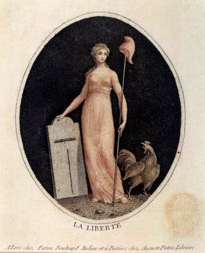 Revolución Francesa: alegoría de la libertad bajo los rasgos de una mujer, llevando un gorro frigio en una lanza, con un gallo a sus pies. Impresión de finales del siglo XVIII París, Museo Carnavalet de French School