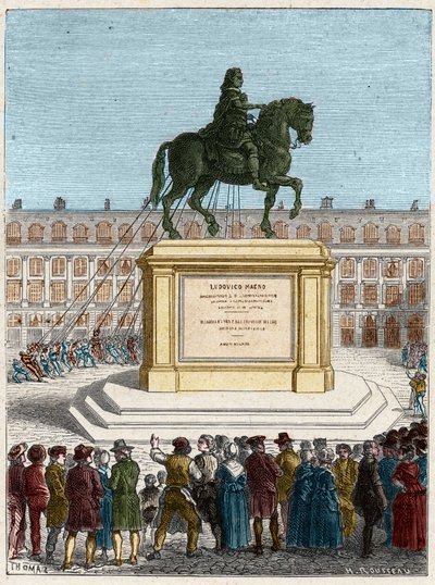 Revolución Francesa: derrocamiento de la estatua del Rey Luis XIV (1643-1715), Place Vendôme en París de French School