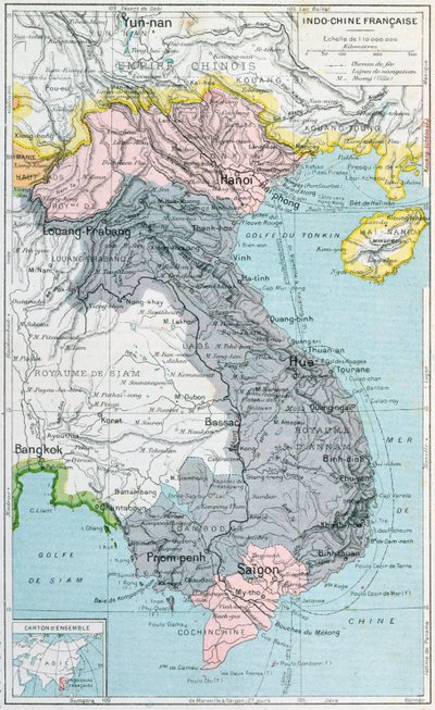 Mapa de libro de texto escolar francés de Indochina, 1905 de French School
