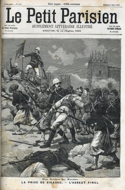 Soldados franceses en Sudán: mayo de 1898. Saqueo de Sikasso por el coronel Audeoud. La captura de Sikasso. Portada de "Le petit parisien" de junio de 1898. de French School
