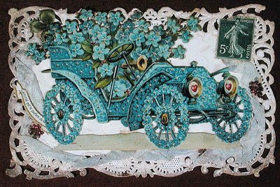 Tarjeta de felicitación de amistad que muestra un coche cubierto de flores, principios del siglo XX de French School