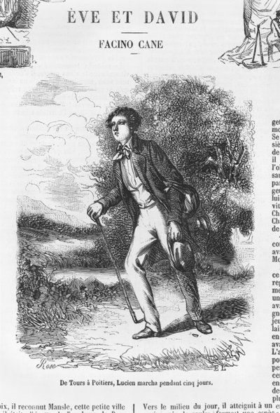 De Tours a Poitiers, Lucien de Rubempré caminando durante cinco días, ilustración de 