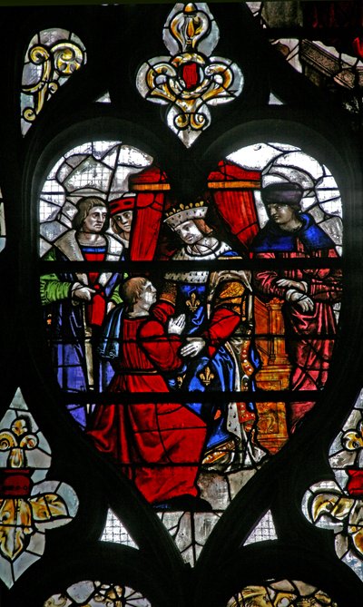 De la ventana w30, la ventana de la vida de San Romain: un prisionero es recibido por el rey de French School