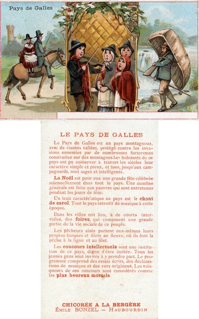 Anverso y reverso de una tarjeta promocional para la bebida Chicorée à la Bergère con representaciones de la vida en Gales, c.1890 de French School