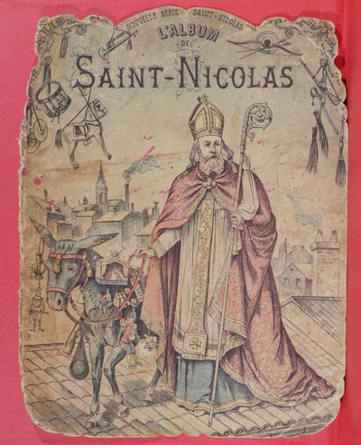 Portada de un álbum de imágenes que representa a San Nicolás trayendo regalos a los niños, finales del siglo XIX de French School