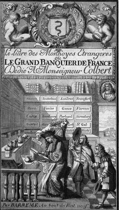 Frontispicio del “Libro de las monedas extranjeras o el gran banquero de Francia” (1687) por François Barrême (1638-1703), matemático francés. El personaje escribiendo con pluma es probablemente un retrato del autor. Grabado en “Le Magasin Pittoresque” de French School