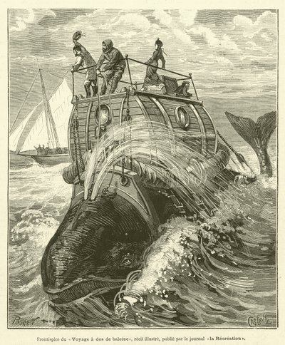 Frontispicio del Viaje a lomo de ballena, relato ilustrado, publicado por el diario la Recreación de French School