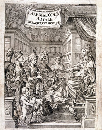 Frontispicio de la "Farmacopea real, galénica y química" de Morse Charas, Farmacia del Jardín Real de Plantas de Laurent d