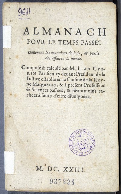 Frontispicio del libro "Almanaque para el tiempo pasado" de Jean Guerin de French School