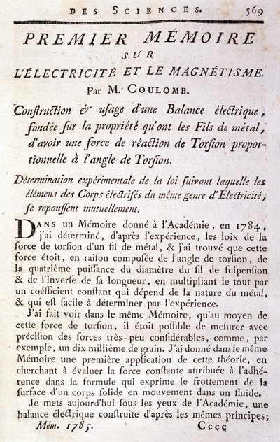 Frontispicio del libro “Primer memorando sobre electricidad y magnetismo” por Coulomb de French School