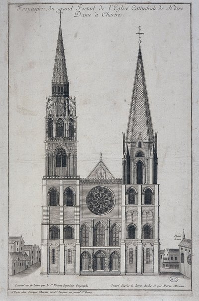 Frontispicio del gran portal de la Iglesia Catedral de Notre Dame en Chartres, diseñado in situ por Saint Vincent Geographer Engineer, s.d. siglo XIX de French School