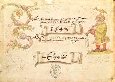 Frontispicio de Recueil de chants religieux et profanes IX que muestra a un hombre con gafas tocando un instrumento de viento con un pájaro en la cabeza, 1542 de French School