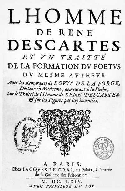 Frontispicio del Tratado del Hombre y sobre la Formación del Feto de Descartes, publicado en París, 1674 de French School
