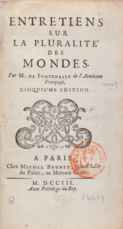 Frontispicio de Entretiens sur la Pluralite des Mondes, escrito por Bernard Le Bovier de Fontenelle (1657-1757), publicado en 1773 de French School