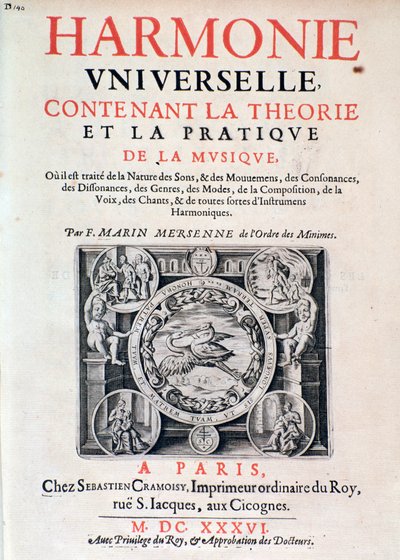 Frontispicio de Harmonie universelle contenant la theorie et la pratique de la musique por Marin Mersenne (Marin Mersennus o le Pere Mersenne) (1588-1648), 1637. de French School