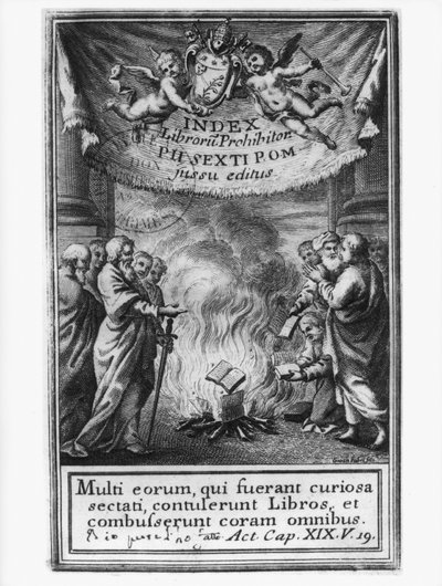 Frontispicio del Index Librorum Prohibitorum que representa un auto de fe, 1786 de French School