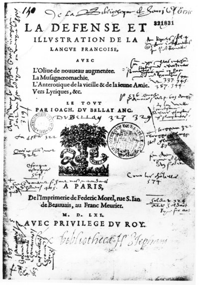 Frontispicio de La Defense et Illustration de la Langue Francaise por Joachim du Bellay, impreso por Federic Morel en París en 1561 de French School