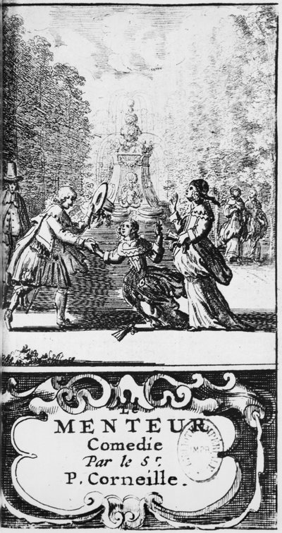 Frontispicio de Le Menteur de Pierre Corneille (1606-84) publicado en 1664, Ámsterdam de French School