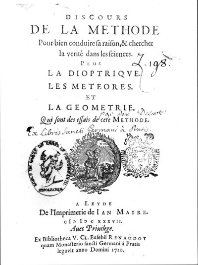 Frontispicio del Discours de la Méthode seguido de La Dioptrique, Les Météores et La Géométrie por René Descartes (1596-1650), publicado por primera vez en Leiden en 1637 de French School