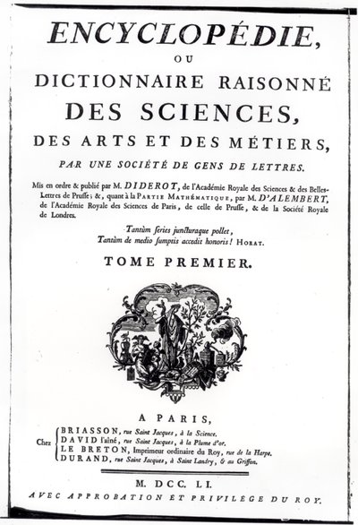 Frontispicio de La Enciclopedia de Ciencia, Arte e Ingeniería de Denis Diderot (1713-84) publicada en París, 1751 de French School