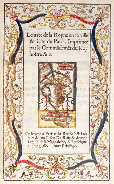 Portada de un libro sobre la entrada de Marguerite de Navarre (1492-1549) en París en 1531 de French School