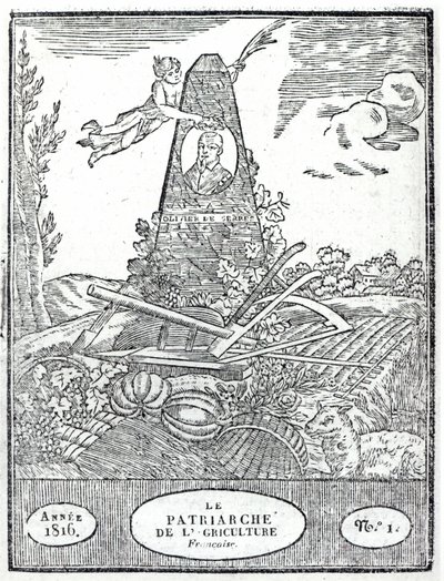 Frontispicio de un almanaque agrícola con un retrato de Olivier de Serres (1539-1619) 1816 de French School