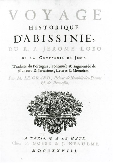 Frontispicio de la traducción francesa de Viaje a Abisinia por Jeronimo Lobo (c.1596-1678) publicado en 1728 de French School