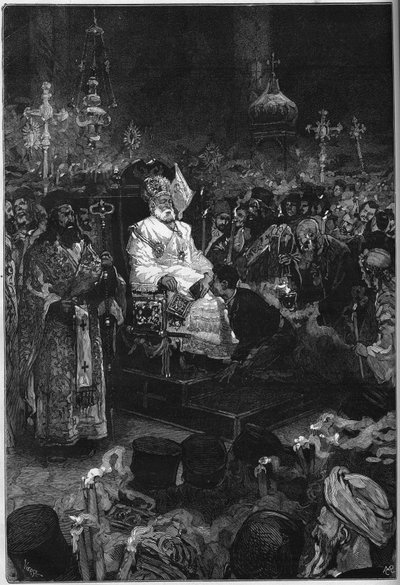 Funeral de Joaquín II (1791-1878): el cuerpo del patriarca ecuménico de Constantinopla está expuesto en la iglesia patriarcal en Phanar. Está vestido con sus ropas sacerdotales y una mitra. Grabado en 