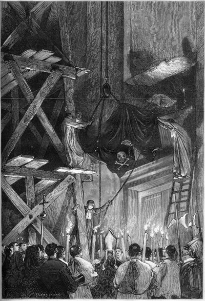 Funeral del Papa Pío IX (Pio) (1792-1878): el entierro del cuerpo en la Basílica de San Pedro en Roma. Grabado en "Le Monde Illustré" n°1093 del 9 de marzo de 1878 de French School